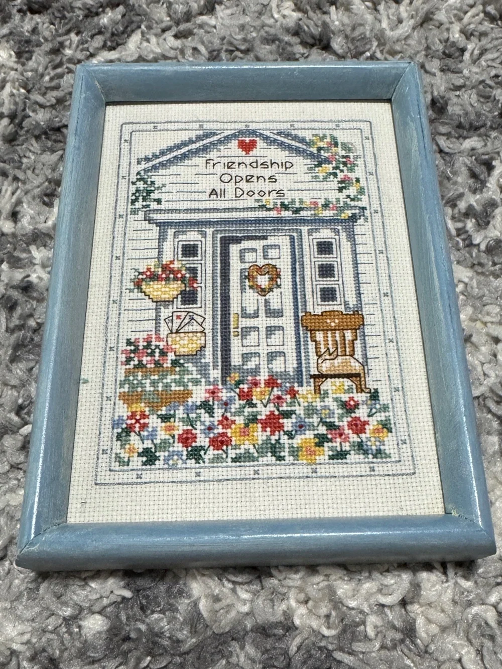 Vintage Framed Cross Stitch “Friendship Opens All Doors” Cottage Wall Art